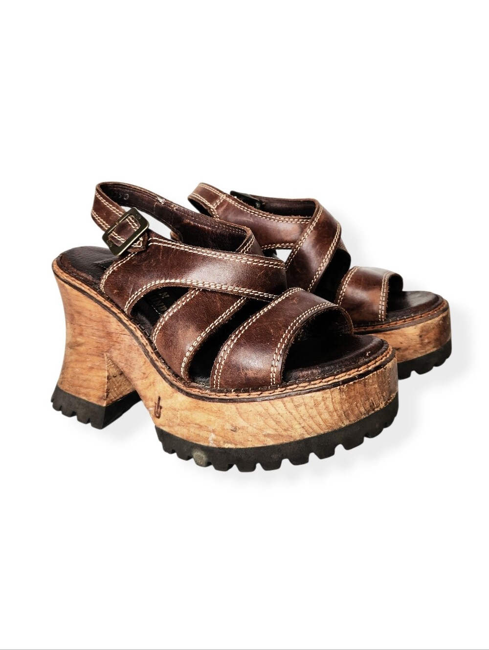 Vintage Y2K London Underground Boho Brown Leather Wood Platform Sandals Size 7